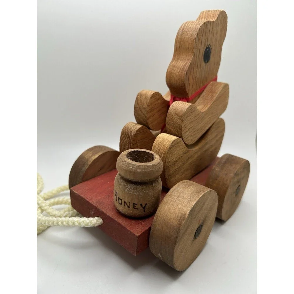 Honey Bear Pull Along Wooden Toy Classic Pooh Child Follow Behind Friend Toddler